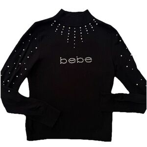 Bebe Black Turtleneck Sweater with Pearl Details